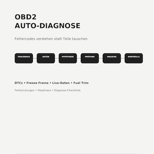 Könnte beinhalten: Ein technischer Leitfaden mit dem Titel TECHNISCHER PRAXISLEITFADEN OBD2 AUTO-DIAGNOSE. Er enthält ein Flussdiagramm mit den Feldern FEHLERBILD, DATEN, HYPOTHESE, PRÜFUNG, URSACHE, KONTROLLE sowie Themen wie DTCs, Freeze Frame, Live-Daten und Fuel Trim.