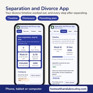 May include: Two smartphone screens displaying the Separation and Divorce App interface. The app features a dashboard with a timeline, disclosure, and parenting plan, showing progress, financial data, and upcoming court-related tasks.