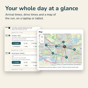 May include: A digital interface displaying a daily schedule with arrival times, drive times, and a map of the run. The text reads: Your whole day at a glance. Arrival times, drive times and a map of the run, on a laptop or tablet.