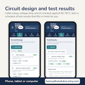 May include: Two smartphone screens displaying the Electrical Installation Toolkit app. The left screen shows the Circuit Design interface with cable and voltage data. The right screen shows the Test Results interface with pass indicators and circuit details.