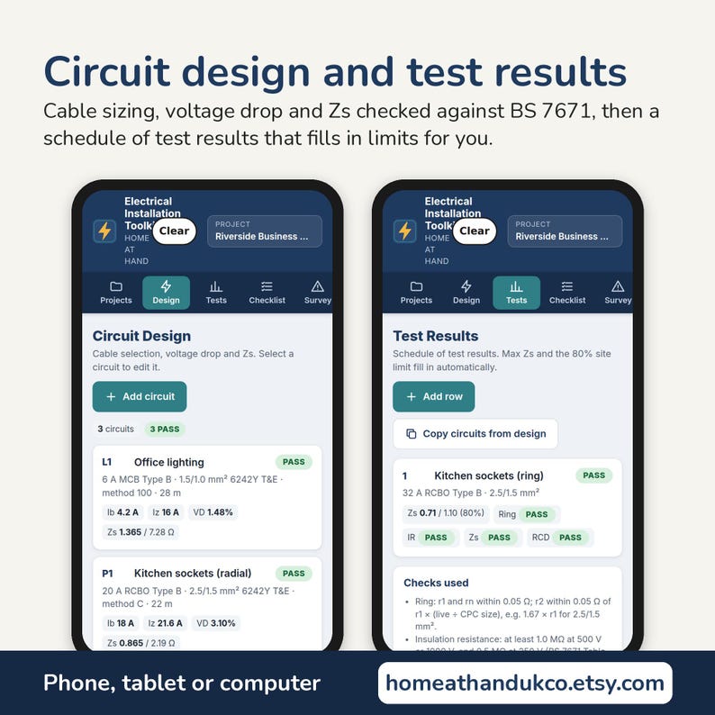 May include: Two smartphone screens displaying the Electrical Installation Toolkit app. The left screen shows the Circuit Design interface with cable and voltage data. The right screen shows the Test Results interface with pass indicators and circuit details.