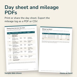 May include: A digital document set titled Day sheet and mileage PDFs featuring a Reading Home Services day sheet with columns for time, customer, address, phone, and notes, alongside a mileage log 2026/27 with date, journey, and claim columns.