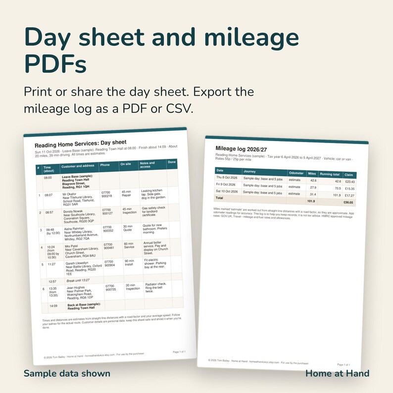 May include: A digital document set titled Day sheet and mileage PDFs featuring a Reading Home Services day sheet with columns for time, customer, address, phone, and notes, alongside a mileage log 2026/27 with date, journey, and claim columns.