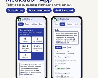 Könnte beinhalten: Zwei Smartphones zeigen die Benutzeroberfläche der Medication App. Die Bildschirme zeigen Funktionen wie Dosisalarme, Bestandszählungen und Medikamentenkarten. Der Text umfasst Medication App, Home at Hand, Today, Medicines, Stock und medizinische Dosierungsdetails.