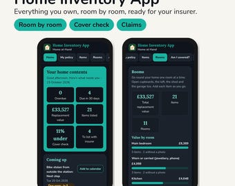Könnte beinhalten: Zwei Smartphone-Bildschirme mit der Benutzeroberfläche der Home Inventory App. Die App verfügt über dunkle Hintergründe mit türkisfarbenen Akzenten und zeigt Zusammenfassungen des Hausinventars, Wiederbeschaffungswerte in Pfund und Listen der Räume.