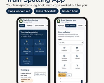 Könnte beinhalten: Zwei Smartphone-Bildschirme mit der Benutzeroberfläche der Train Spotting App. Die App bietet Registerkarten für Sichtungen, Statistiken und Checklisten in einem dunkelblauen und weißen Farbschema zur Verwaltung von Zugbeobachtungsdaten.