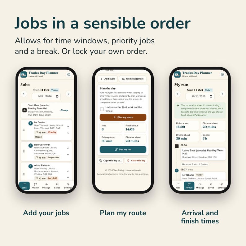 May include: Three smartphone screens displaying the Trades Day Planner app interface. The screens show job lists, route planning options, and arrival times with text including Jobs in a sensible order, Plan the day, and My run.