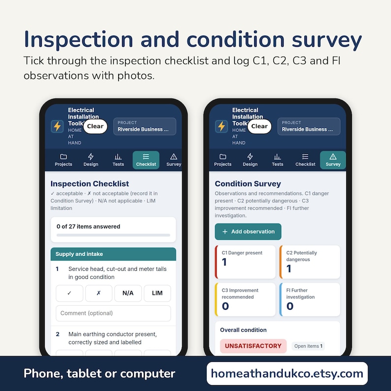 May include: Two smartphone screens displaying an electrical inspection and condition survey app. The interface shows checklists for C1, C2, C3, and FI observations, project details for Riverside Business, and status indicators for electrical installation tools.