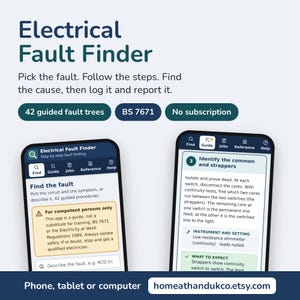 May include: Two smartphones displaying the Electrical Fault Finder app interface. The screens show text about 42 guided fault trees, BS 7671 compliance, and step-by-step instructions for identifying electrical faults and common strappers.
