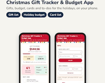 Könnte beinhalten: Eine digitale Weihnachtsgeschenk-Tracker- und Budget-App für Handys, Tablets oder Computer. Die Benutzeroberfläche zeigt Geschenkelisten, Budgetverfolgung und Aufgabenlisten mit festlichen rot-weißen Akzenten.