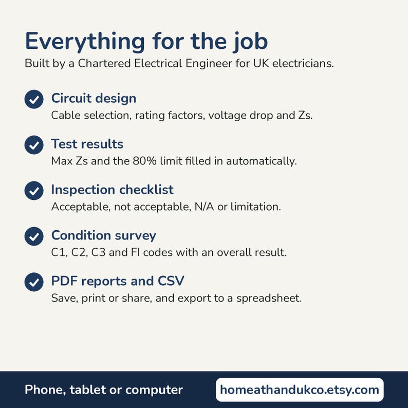 May include: A digital information graphic titled Everything for the job, built by a Chartered Electrical Engineer for UK electricians. It lists features including circuit design, test results, inspection checklist, condition survey, and PDF reports and CSV, compatible with phone, tablet, or computer, with the URL homeathandukco.etsy.com.