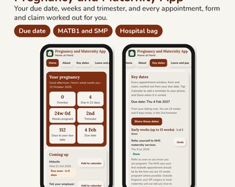Könnte beinhalten: Zwei Smartphones zeigen die Benutzeroberfläche der Pregnancy and Maternity App in Braun- und Cremetönen. Die Bildschirme zeigen Schwangerschafts-Tracking-Details, Fälligkeitsdaten, Trimester-Informationen und Terminerinnerungen. Text: Pregnancy and Maternity App, Due date, MATB1 and SMP, Hospital bag und homeathandukco.etsy.com.