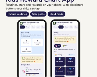 Könnte beinhalten: Zwei Smartphones zeigen die Benutzeroberfläche der Kids Reward Chart App. Die Bildschirme zeigen Navigationsregisterkarten, Sterntabellen, tägliche Routinen mit Symbolen für Aufgaben wie Anziehen und Frühstück sowie Fortschrittsanzeigen.