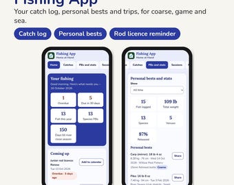 Könnte beinhalten: Eine digitale Benutzeroberfläche für eine Angel-App auf zwei Smartphones. Die Bildschirme zeigen ein Fangprotokoll, persönliche Bestleistungen und Lizenz-Erinnerungen mit Texten wie 'Fishing App' und verschiedenen Statistiken.