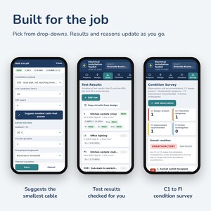 May include: Three smartphone screens displaying the Electrical Installation Toolkit app. The screens show an Add circuit interface, a Test Results list with pass indicators, and a Condition Survey dashboard with C1 to FI safety ratings.