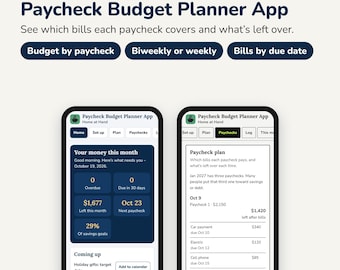 Könnte beinhalten: Eine digitale Budgetplanungs-App, dargestellt auf zwei Smartphones. Die Benutzeroberfläche zeigt Finanz-Tracking-Funktionen, einschließlich monatlicher Geldübersichten, Fälligkeitstermine für Rechnungen und Planungstools.