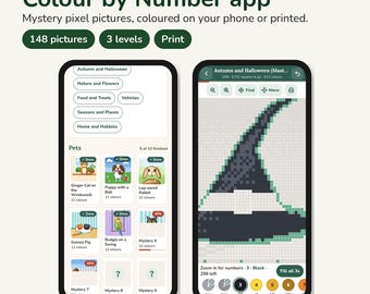Könnte beinhalten: Eine Malen-nach-Zahlen-App-Oberfläche auf zwei Smartphones. Der linke Bildschirm zeigt Kategorienmenüs und Pixel-Art-Vorschaubilder von Haustieren. Der rechte Bildschirm zeigt einen pixeligen Hexenhut, der mit einer Farbpalette koloriert wird.