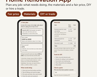 Könnte beinhalten: Eine digitale Benutzeroberfläche für eine Heimwerker-App auf zwei Smartphones. Die Bildschirme zeigen Projektplanungsdetails, Materiallisten, Kostenvoranschläge in Pfund und Aufgabenlisten für Heimwerker. Der Text umfasst Home Renovation App, Fair price, Materials, DIY or trade und homeathandukco.etsy.com.
