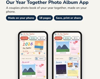 Könnte beinhalten: Eine digitale Fotoalbum-App mit dem Titel Our Year Together, die 18 Seiten zum Speichern, Drucken oder Teilen bietet. Die Benutzeroberfläche zeigt anpassbare Layouts mit Fotofeldern, Textfeldern und dekorativen Elementen zum Festhalten von Erinnerungen auf Smartphone, Tablet oder Computer.