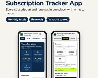 Könnte beinhalten: Abonnement-Tracker-App für Telefon, Tablet oder Computer. Die Benutzeroberfläche zeigt monatliche Summen, Verlängerungen und Stornierungsoptionen. Die Bildschirme zeigen Dashboards mit Finanzdaten in Pfund, einschließlich monatlicher und jährlicher Kosten, aktiver Abonnements und Einsparungen.