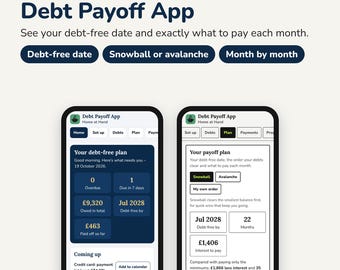 Könnte beinhalten: Eine digitale Benutzeroberfläche einer App zur Schuldentilgung auf zwei mobilen Bildschirmen. Die App bietet ein Dashboard für den Schuldenabbau mit Finanzkennzahlen, Zahlungsverfolgung und Optionen für Schneeball- oder Lawinen-Tilgungsmethoden.