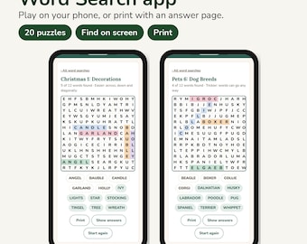Könnte beinhalten: Zwei Smartphones mit einer Wortsuch-App. Der linke Bildschirm zeigt ein Weihnachtsrätsel mit hervorgehobenen Wörtern wie CANDLES und GARLAND. Der rechte Bildschirm zeigt ein Hunderassen-Rätsel mit dem Wort BOXER.