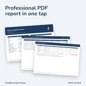 May include: A digital display showing three overlapping pages of an Electrical Installation Report with tables, data fields, and a yellow lightning bolt icon. The text reads Professional PDF report in one tap and Example project shown.