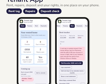 Könnte beinhalten: Zwei Smartphones zeigen die Benutzeroberfläche der Tenant App. Die Bildschirme präsentieren ein Dashboard mit Status zu Miete, Reparaturen und Kaution sowie eine Mietverfolgung mit Zahlungsverlauf und Salden in Britischen Pfund.