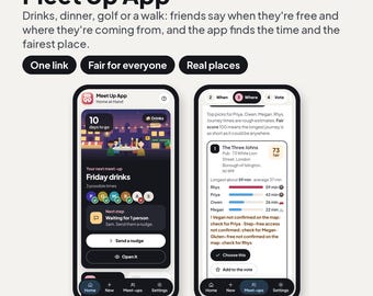 Könnte beinhalten: Zwei Smartphone-Bildschirme zeigen die Benutzeroberfläche der Meet Up App. Der linke Bildschirm zeigt ein Freitag-Drinks-Event mit Teilnehmerstatus. Der rechte Bildschirm listet Veranstaltungsorte mit Reisezeiten auf.