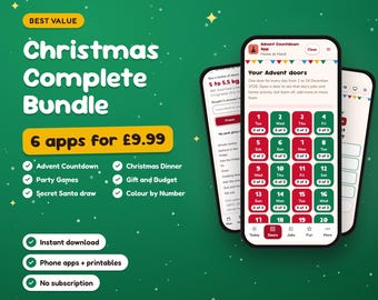 Könnte beinhalten: Eine digitale Werbegrafik auf grünem Hintergrund mit drei Smartphone-Bildschirmen, die eine Advents-Countdown-App mit einem Raster nummerierter Türen sowie eine Liste von sechs Apps wie Christmas Dinner und Party Games zeigen.