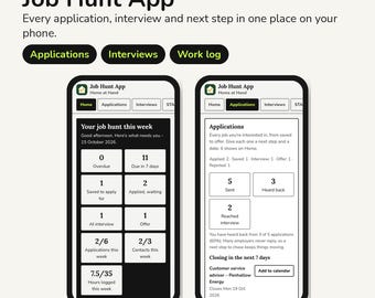 Könnte beinhalten: Zwei Smartphone-Bildschirme zeigen die Benutzeroberfläche der Job Hunt App. Die Bildschirme zeigen Dashboards zur Verfolgung von Bewerbungen, Vorstellungsgesprächen und Arbeitsprotokollen mit Texten wie Your job hunt this week und Applications. Die App bietet ein klares Layout mit schwarz-weißen Feldern, numerischen Daten und Navigationsreitern zur Organisation des Bewerbungsprozesses.