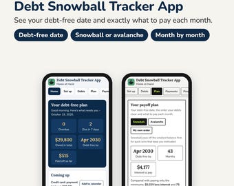 Könnte beinhalten: Eine digitale App zur Schuldenverfolgung für Telefon, Tablet oder Computer. Die Benutzeroberfläche zeigt einen schuldenfreien Plan, Auszahlungsstrategien und monatliche Zahlungsdetails. Text beinhaltet US Edition, Debt Snowball Tracker App.