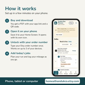 May include: A digital Trades Day Planner app interface displayed on a smartphone screen, showing job scheduling, mileage tracking, and navigation features. The text explains a four-step setup process for downloading and using the application.