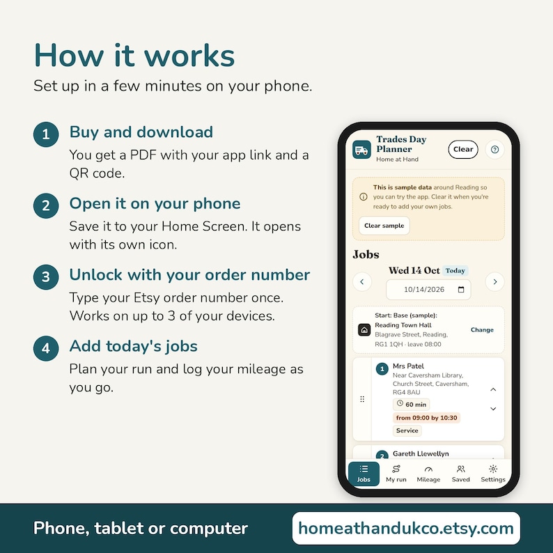 May include: A digital Trades Day Planner app interface displayed on a smartphone screen, showing job scheduling, mileage tracking, and navigation features. The text explains a four-step setup process for downloading and using the application.