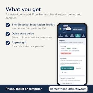 May include: A digital product display featuring the text What you get, The Electrical Installation Toolkit, Quick start guide, and A great gift. A smartphone screen shows an app interface with reports, circuits, and PDF export options.