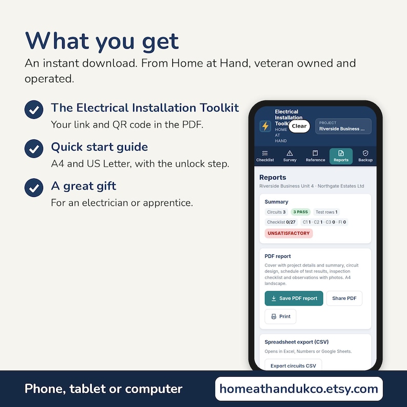 May include: A digital product display featuring the text What you get, The Electrical Installation Toolkit, Quick start guide, and A great gift. A smartphone screen shows an app interface with reports, circuits, and PDF export options.