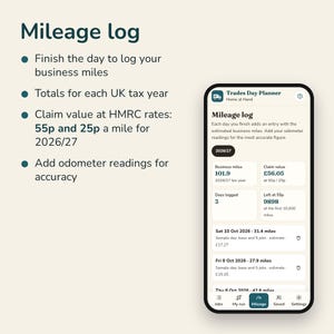May include: A smartphone screen displays the Trades Day Planner app showing a mileage log interface. The screen features text detailing business miles, claim values at 55p and 25p rates for 2026/27, and a list of logged daily entries.