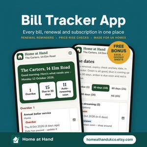 May include: A digital Bill Tracker App interface displayed on two smartphones. The screen shows a dashboard titled Home at Hand with sections for overdue bills, upcoming renewals, and subscriptions, featuring a green and white color scheme.