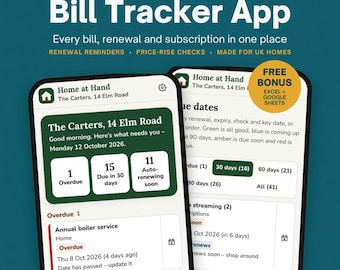 May include: A digital Bill Tracker App interface displayed on two smartphones. The screen shows a dashboard titled Home at Hand with sections for overdue bills, upcoming renewals, and subscriptions, featuring a green and white colour scheme.
