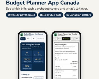 Könnte beinhalten: Zwei Smartphones mit der Benutzeroberfläche der Budget Planner App Canada. Die Bildschirme zeigen Finanzübersichten, Gehaltspläne und Rechnungsverfolgung in kanadischen Dollar. Der Text umfasst Budget Planner App Canada und Home at Hand.
