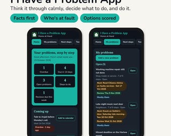 Könnte beinhalten: Zwei Smartphone-Bildschirme zeigen die Benutzeroberfläche der I Have a Problem App mit dunklem Hintergrund und türkisfarbenen Akzenten. Der Text lautet I Have a Problem App, Think it through calmly, decide what to do, and do it, Facts first, Who's at fault, Options scored und homeathandukco.etsy.com.