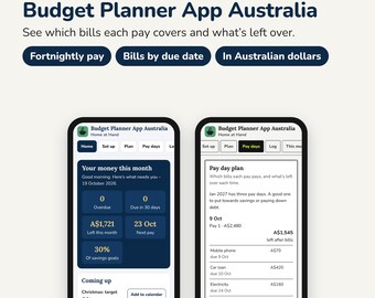 Könnte beinhalten: Zwei Smartphones mit der Benutzeroberfläche der Budget Planner App Australia. Die Bildschirme zeigen Finanzübersichten, Zahltage und Rechnungsverfolgung in australischen Dollar. Text: Budget Planner App Australia, Home at Hand, homeathandukco.etsy.com.