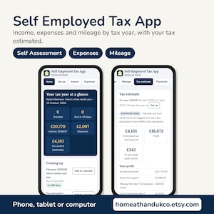 Pode incluir: Dois smartphones exibindo a interface do aplicativo Self Employed Tax App. As telas mostram painéis financeiros com resumos de anos fiscais, receitas, despesas, quilometragem e estimativas de impostos em libras esterlinas.