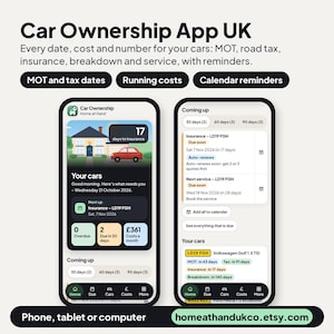 Car Ownership App UK, MOT, Tax and Insurance Reminders, Running Costs (Digital Download)