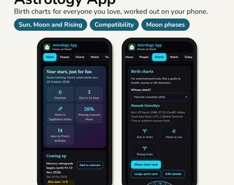 Könnte beinhalten: Zwei Smartphones zeigen die Benutzeroberfläche der Astrology App im Dark Mode. Die Bildschirme zeigen Geburtshoroskope, Mondphasen und Kompatibilitätsfunktionen mit Texten wie Your stars, just for fun und Birth charts.