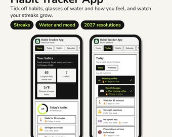 Könnte beinhalten: Eine Gewohnheits-Tracker-App, die auf zwei Smartphones angezeigt wird. Die Benutzeroberfläche zeigt schwarz-weiße Bereiche mit Text, darunter Habit Tracker App, Streaks, Water and mood, 2027 resolutions und homeathandukco.etsy.com.