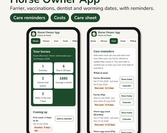 Könnte beinhalten: Zwei Smartphone-Bildschirme zeigen die Benutzeroberfläche der Horse Owner App. Die App bietet Bereiche für Pflegeerinnerungen, Kosten und Pflegeblätter mit Texten zur Verfolgung der Pferdegesundheit, Terminen und Finanzübersichten.