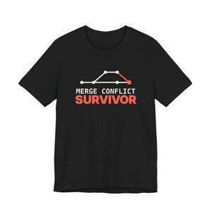 May include: A black short-sleeved t-shirt featuring a graphic of a git branch diagram with a red highlighted segment. Below the diagram, the text reads MERGE CONFLICT in white and SURVIVOR in red, centered on the chest of the garment.