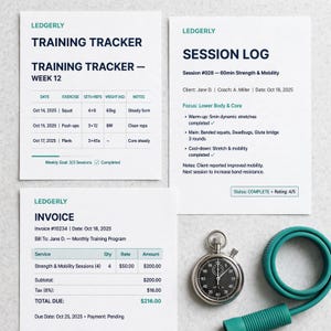 May include: Three white documents labeled LEDGERLY featuring a Training Tracker, Session Log, and Invoice. A silver stopwatch and a teal resistance band are positioned next to the documents. The text includes dates, exercise logs, and financial data.