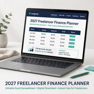 Op de afbeelding: Een laptopscherm met de Ledgerly 2027 Freelancer Finance Planner, een bewerkbaar spreadsheet met kolommen voor maand, inkomen, uitgaven, winst en status, inclusief een overzicht van de maandelijkse financiële gegevens.